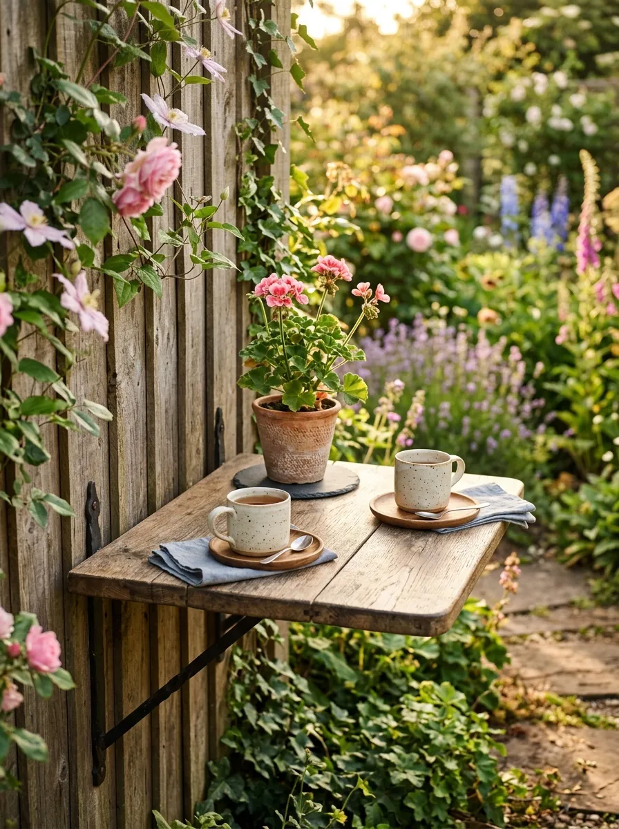 A small fold-down wooden table mounted on a garden fence, set with two cups and a potted plant