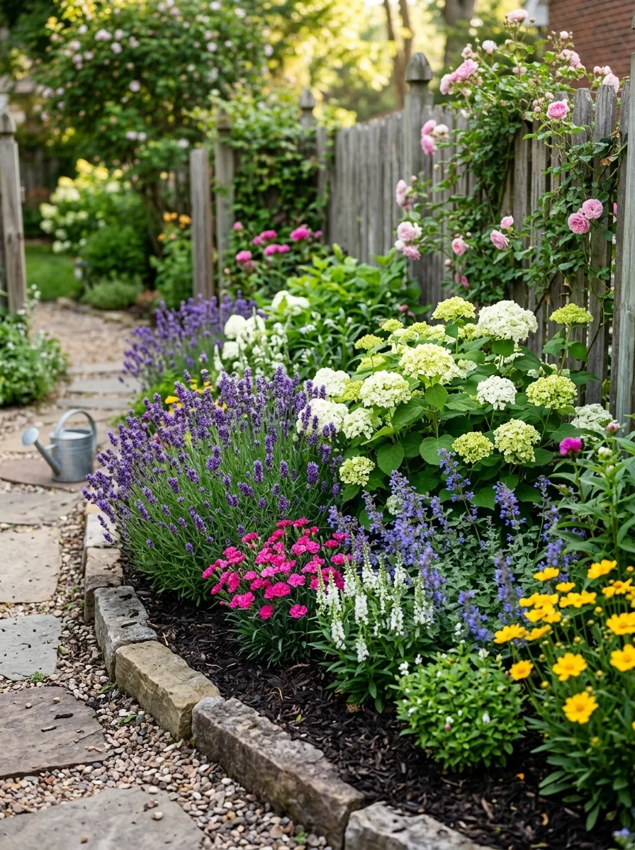 A small garden bed with dwarf flowering shrubs and compact perennials