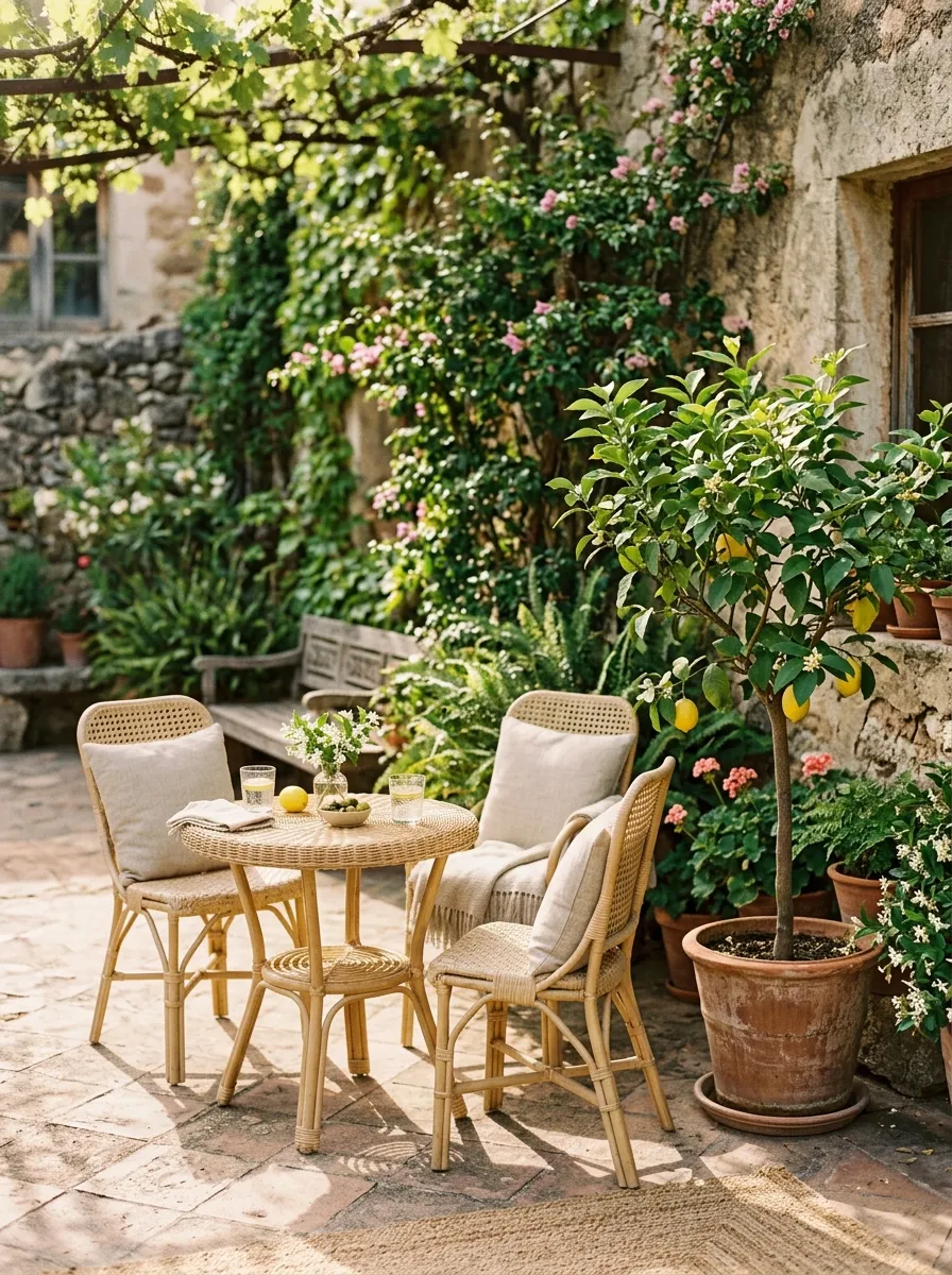 How to Design a Small Garden That Looks Bigger and More Beautiful 5 A small patio corner with a round wicker table, two slim rattan chairs, and a potted lemon tree in soft afternoon light.