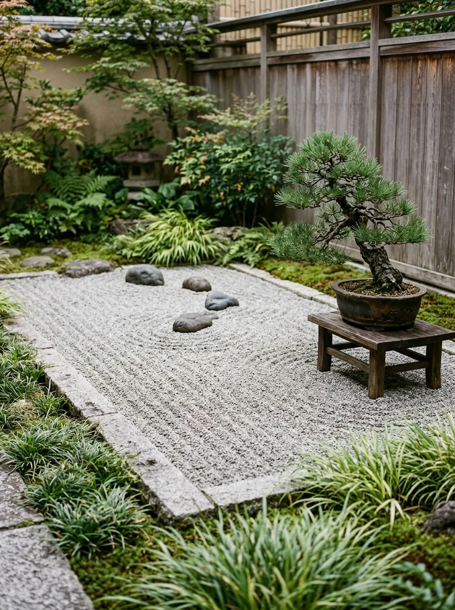 A small raked gravel garden with smooth stones arranged in a simple pattern
