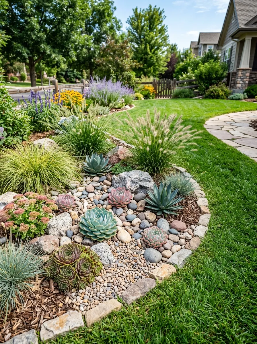 24 Gorgeous Front Yard Garden Ideas That Boost Curb Appeal Instantly 22 A small rock garden with succulents and ornamental grasses replacing a patch of lawn