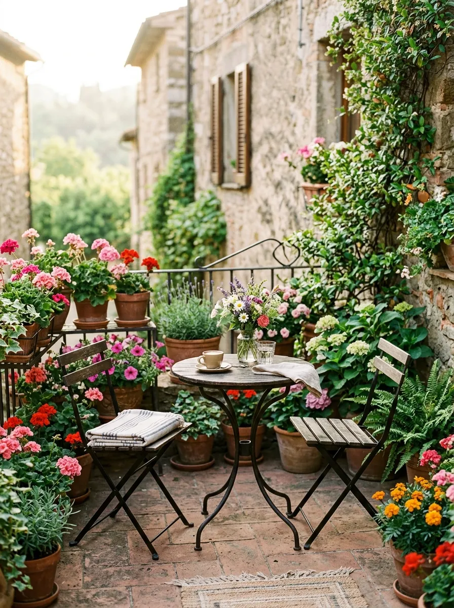 A small round bistro table with two folding chairs on a compact patio