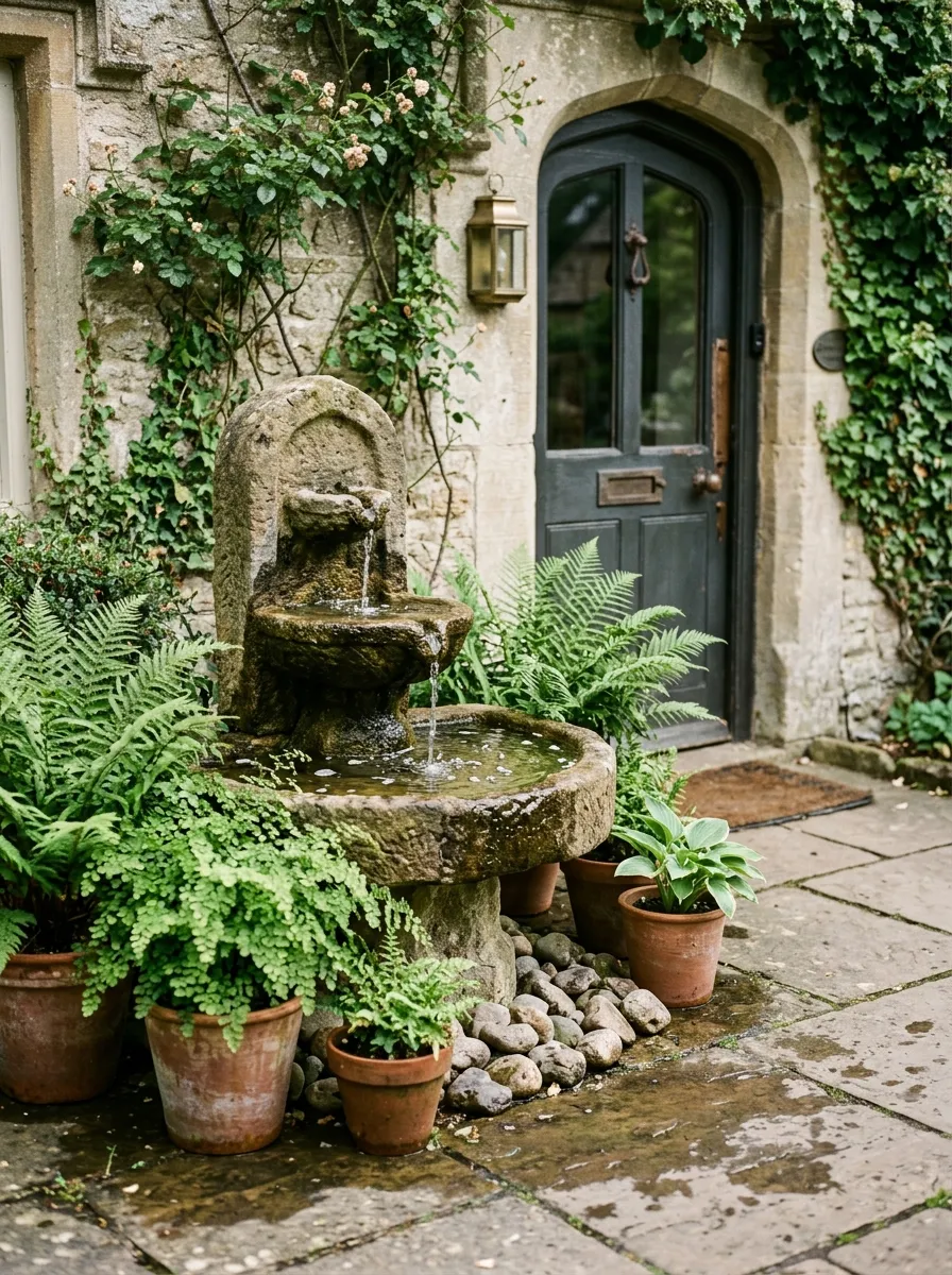 24 Gorgeous Front Yard Garden Ideas That Boost Curb Appeal Instantly 13 A small stone water fountain near a front entrance, surrounded by potted ferns