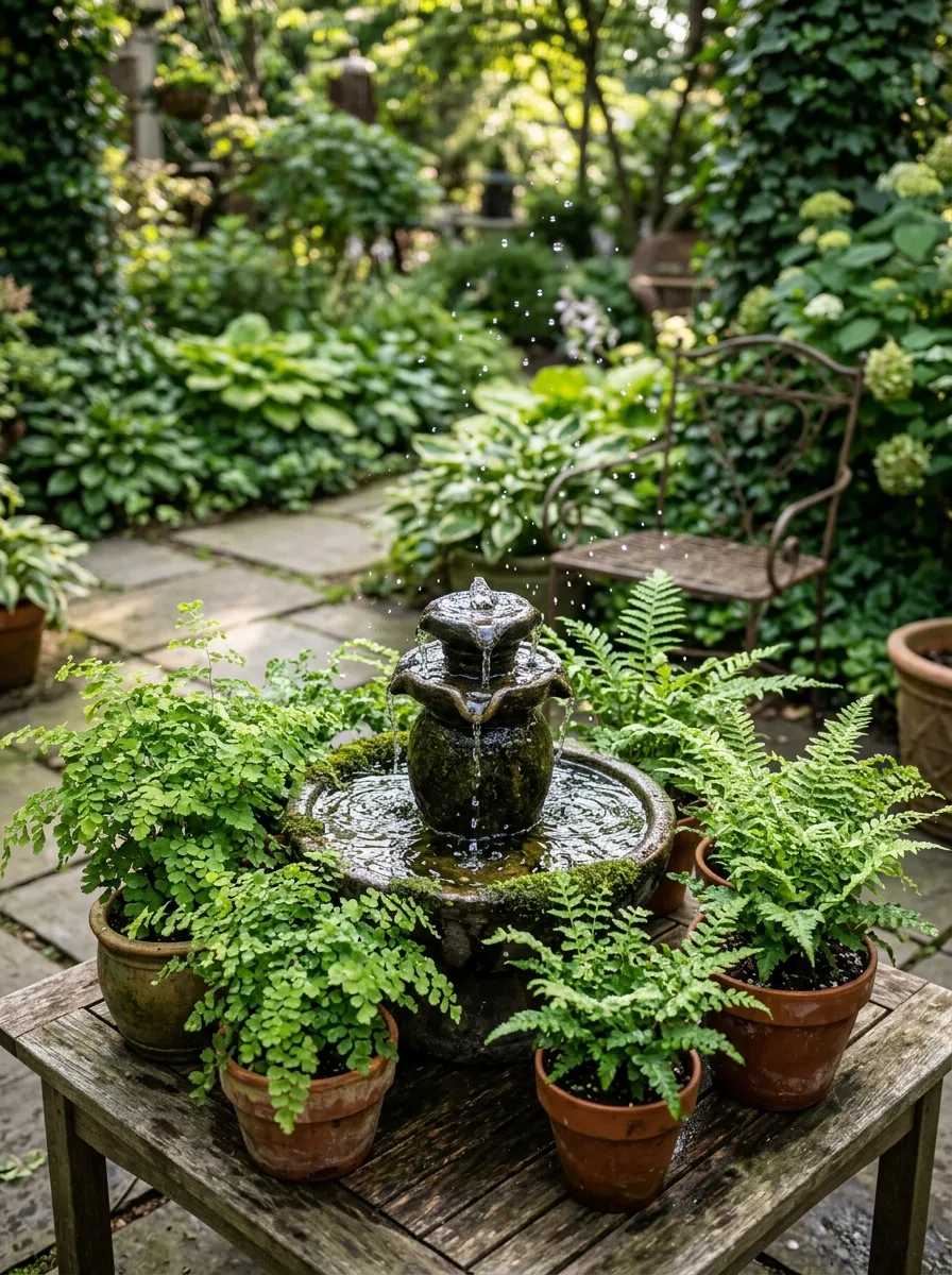 A small tabletop fountain surrounded by potted ferns on a garden patio