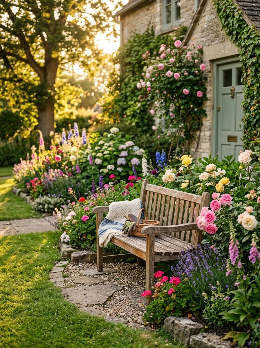 24 Gorgeous Front Yard Garden Ideas That Boost Curb Appeal Instantly 20 A small wooden bench nestled beside a flower bed in a front yard
