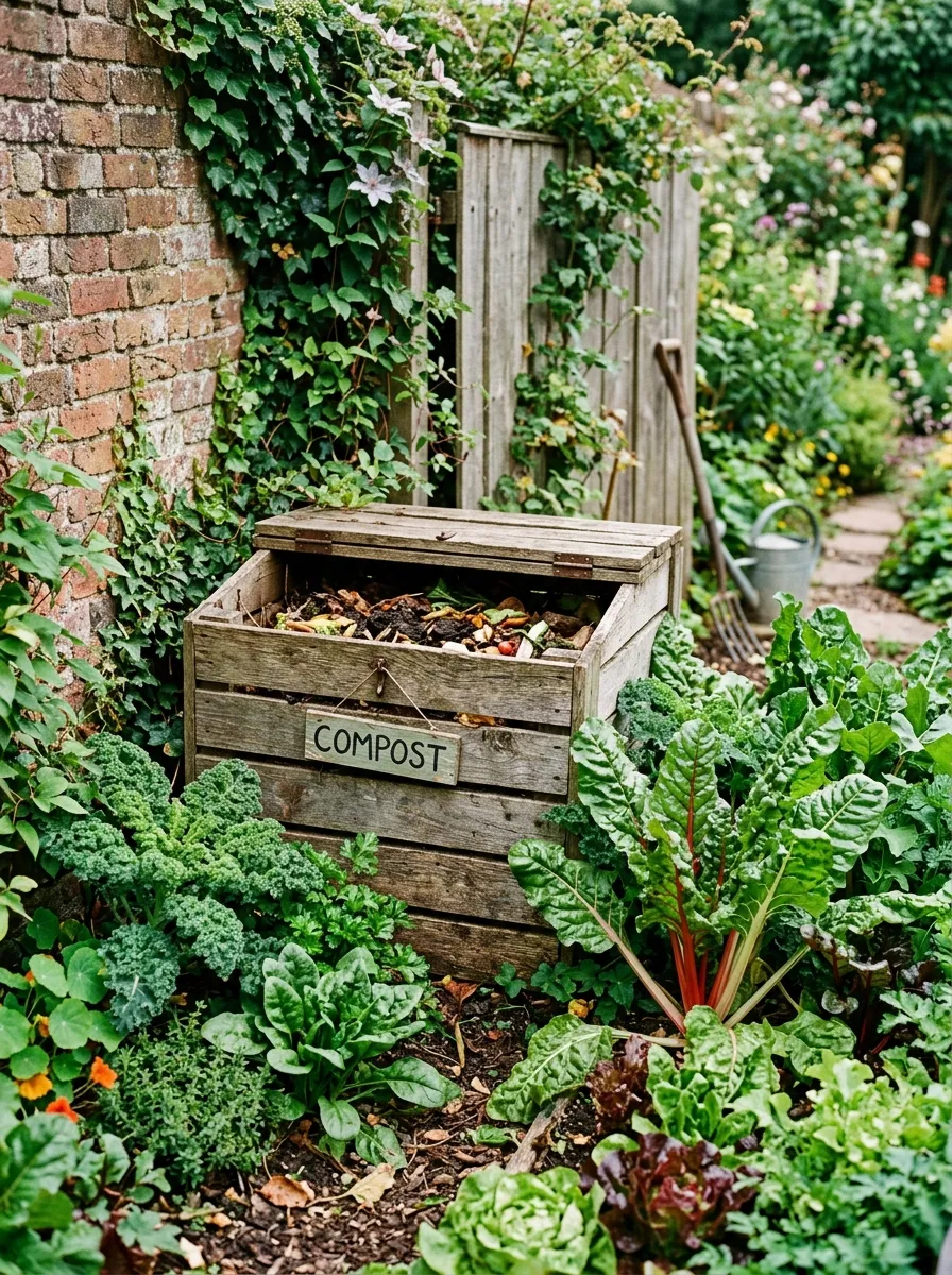 A small wooden compost bin tucked into a garden corner, surrounded by leafy greens