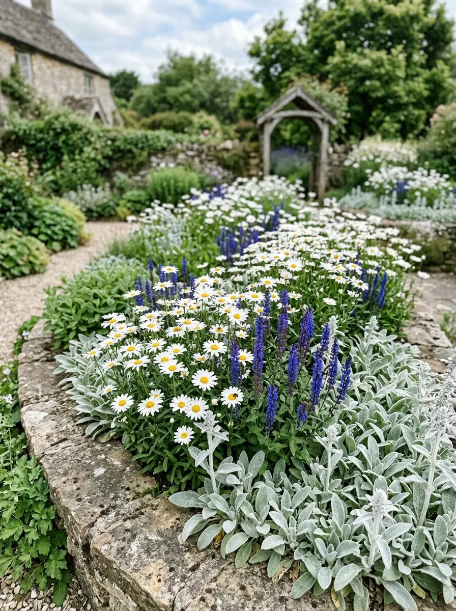 A softly coordinated garden bed featuring white daisies