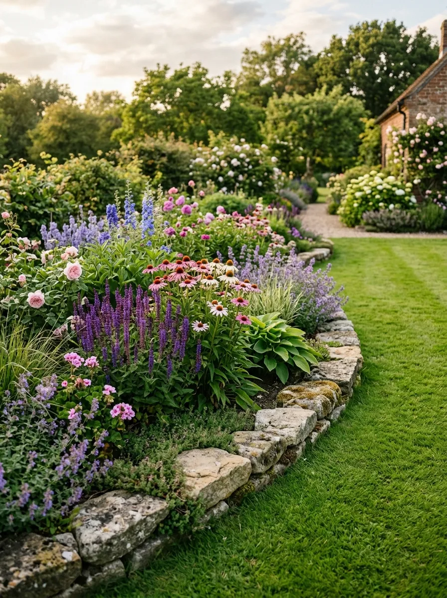 24 Gorgeous Front Yard Garden Ideas That Boost Curb Appeal Instantly 17 A stone-edged garden bed bordering a green lawn, filled with mixed perennial flowers