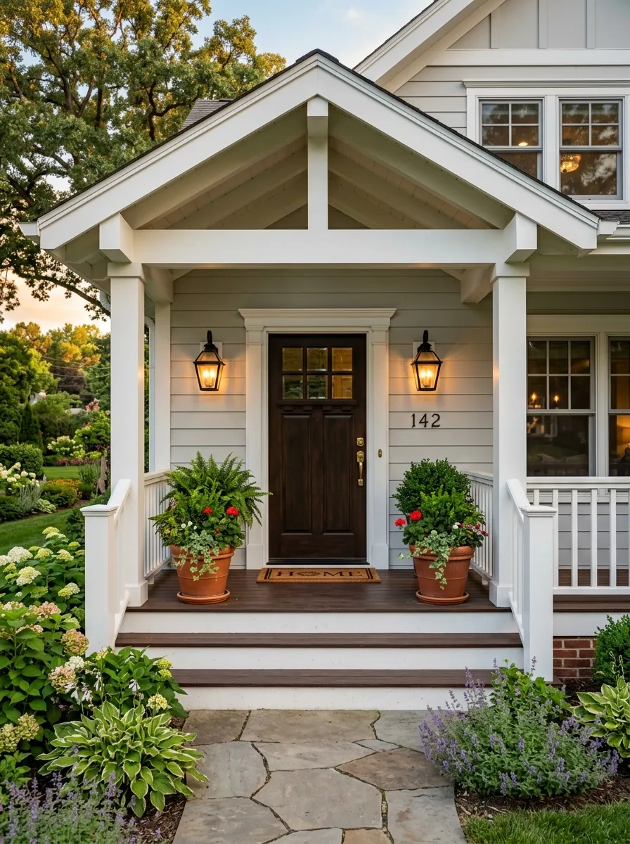 24 Gorgeous Front Yard Garden Ideas That Boost Curb Appeal Instantly 4 A symmetrical front porch with matching potted plants