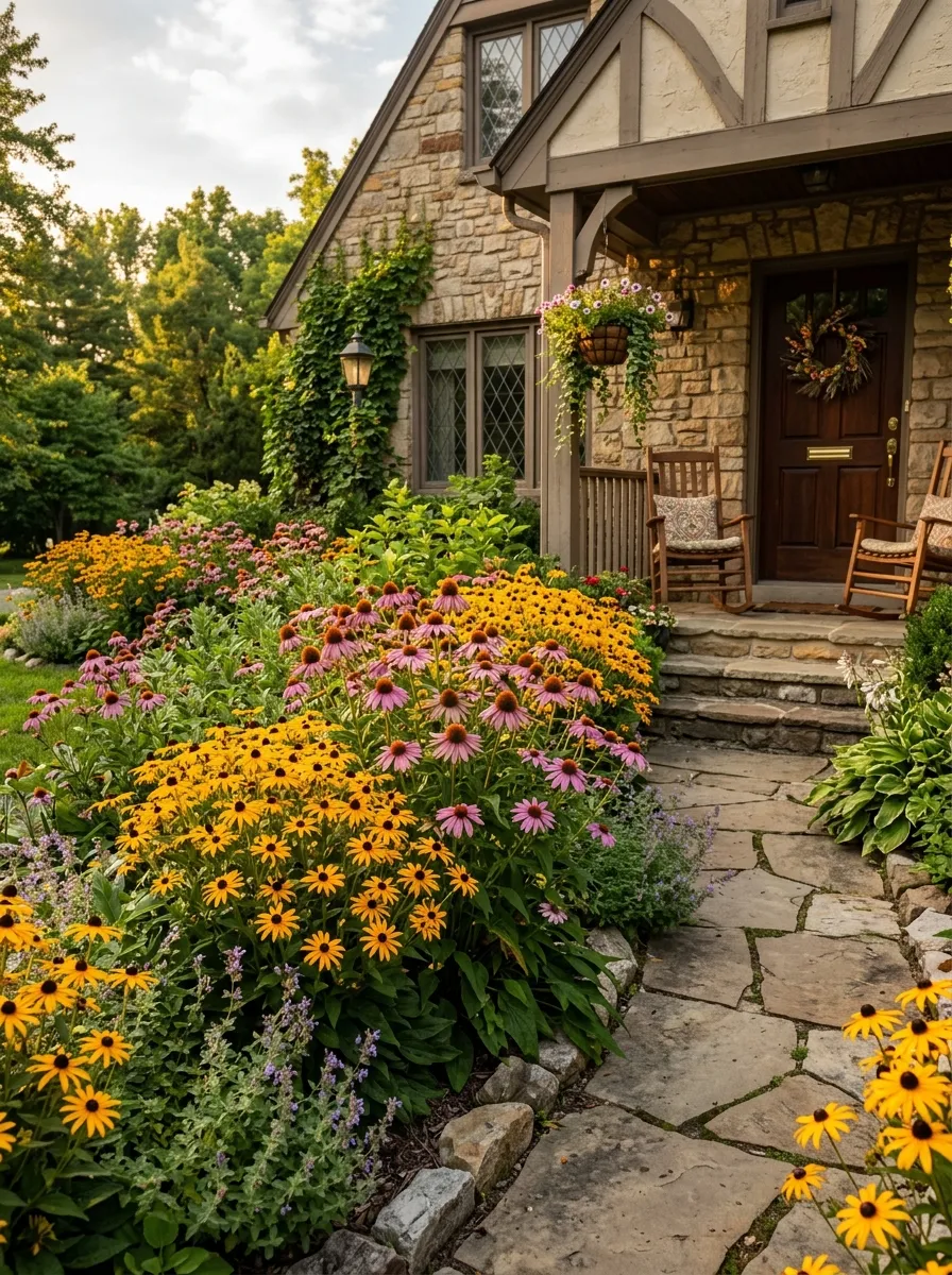 24 Gorgeous Front Yard Garden Ideas That Boost Curb Appeal Instantly 19 A thriving perennial flower bed with coneflowers and black-eyed Susans