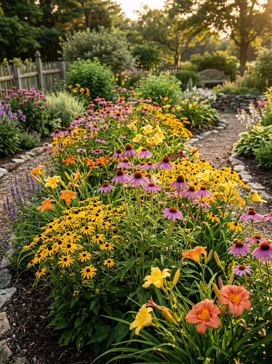A thriving perennial flower bed with coneflowers