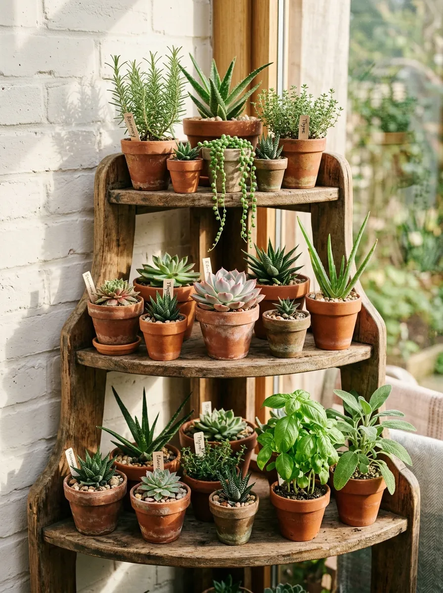 A tiered wooden corner shelf filled with small potted succulents and herbs