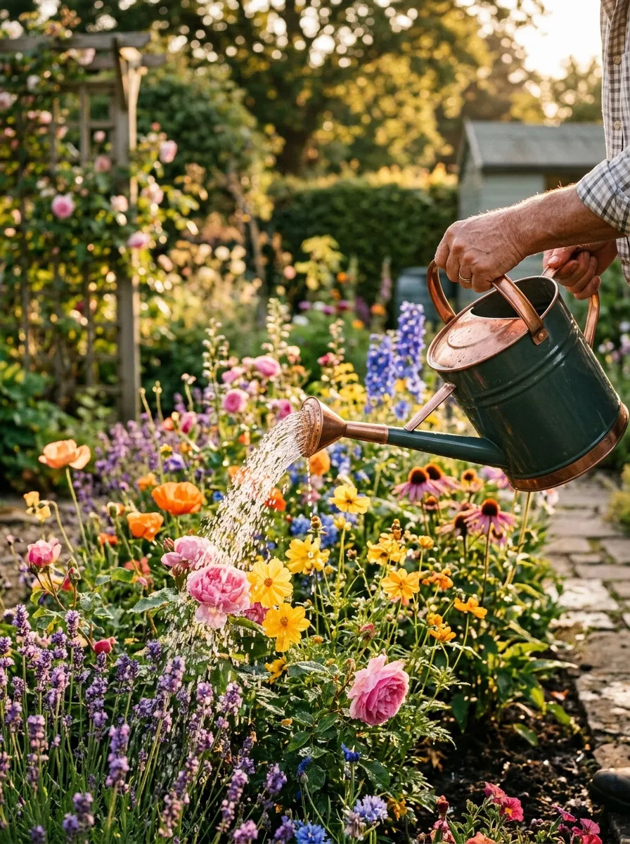 A watering can pouring a gentle stream over a colorful flower bed