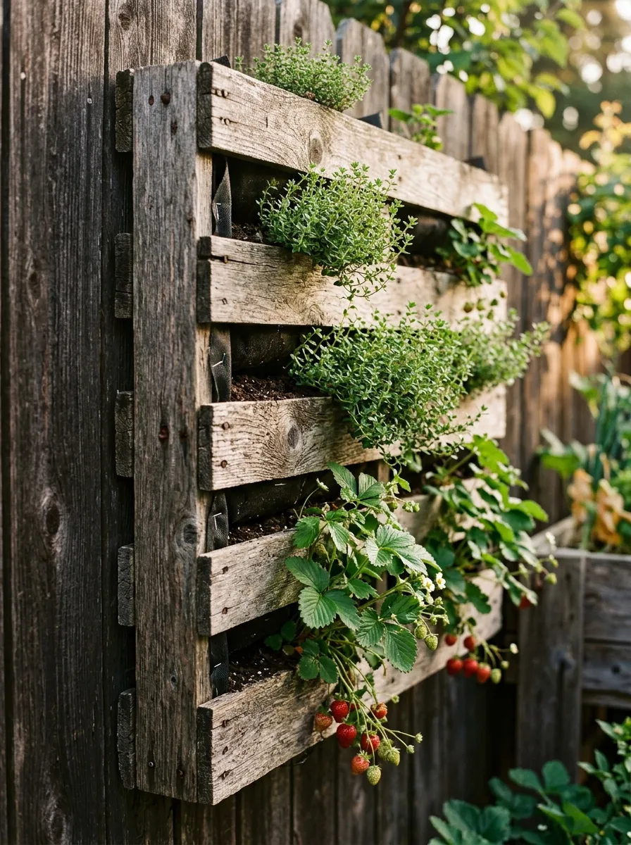 26 Amazing DIY Home Garden Ideas That Anyone Can Create on a Budget 2 A weathered wooden pallet mounted upright against a fence