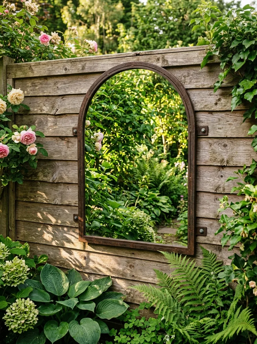 A weatherproof garden mirror mounted on a wooden fence