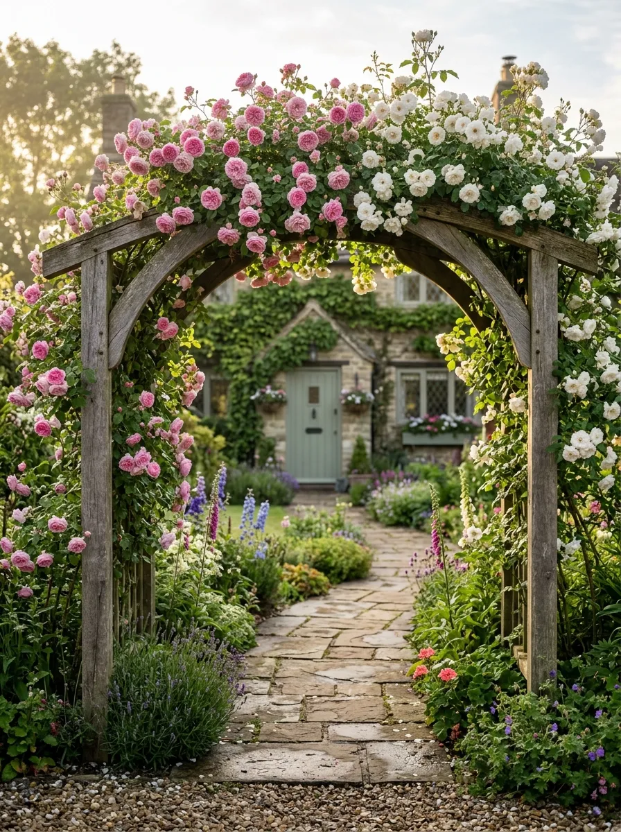 24 Gorgeous Front Yard Garden Ideas That Boost Curb Appeal Instantly 18 A wooden arbor covered in climbing roses arching over a front garden walkway