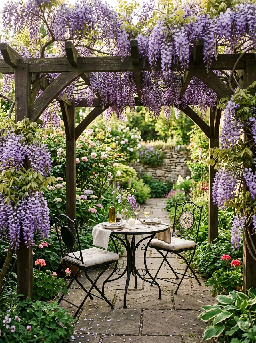 A wooden pergola covered in climbing purple wisteria