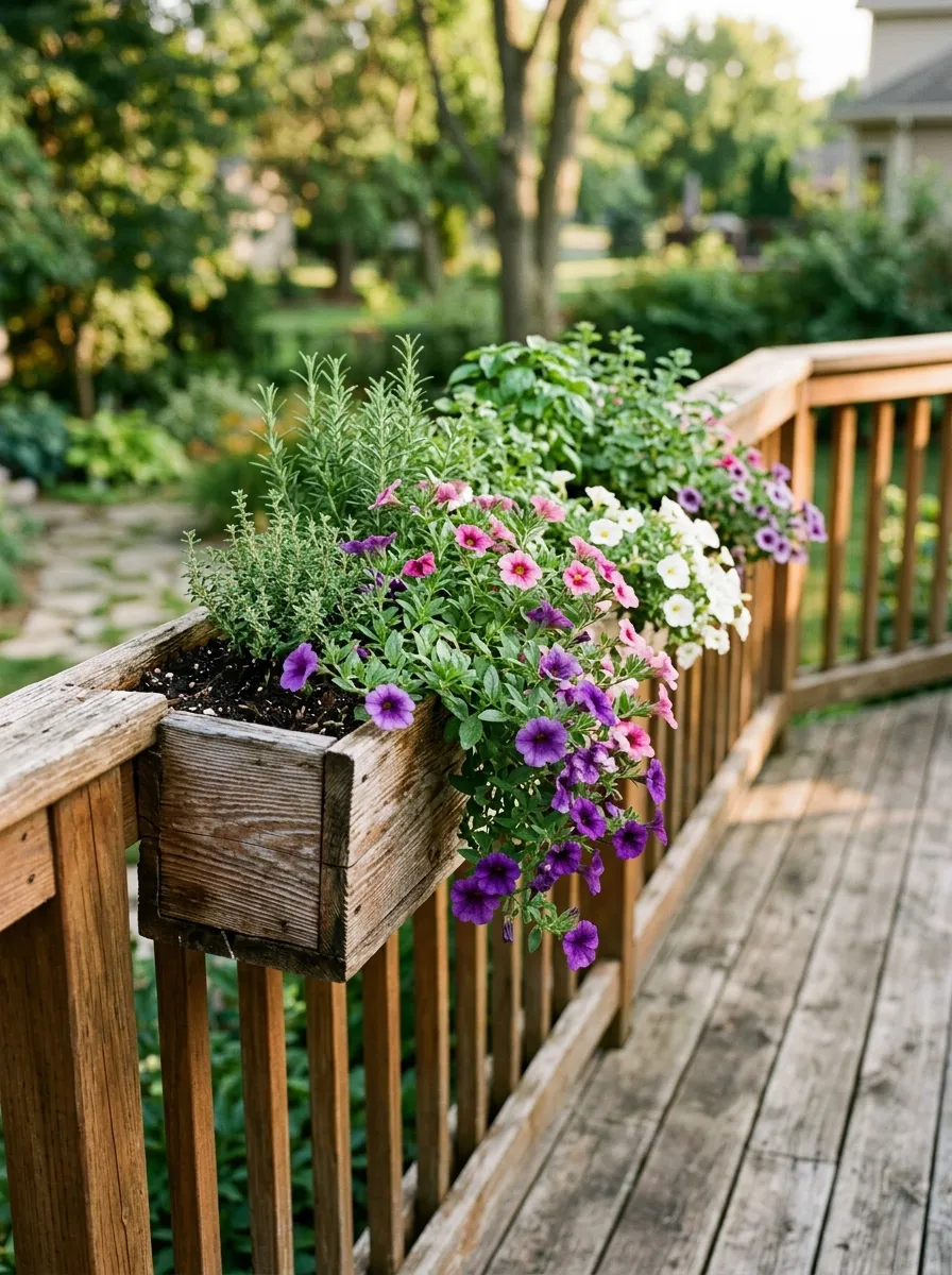 A wooden planter box built along the edge of a deck railing, filled with trailing petunias and small herbs