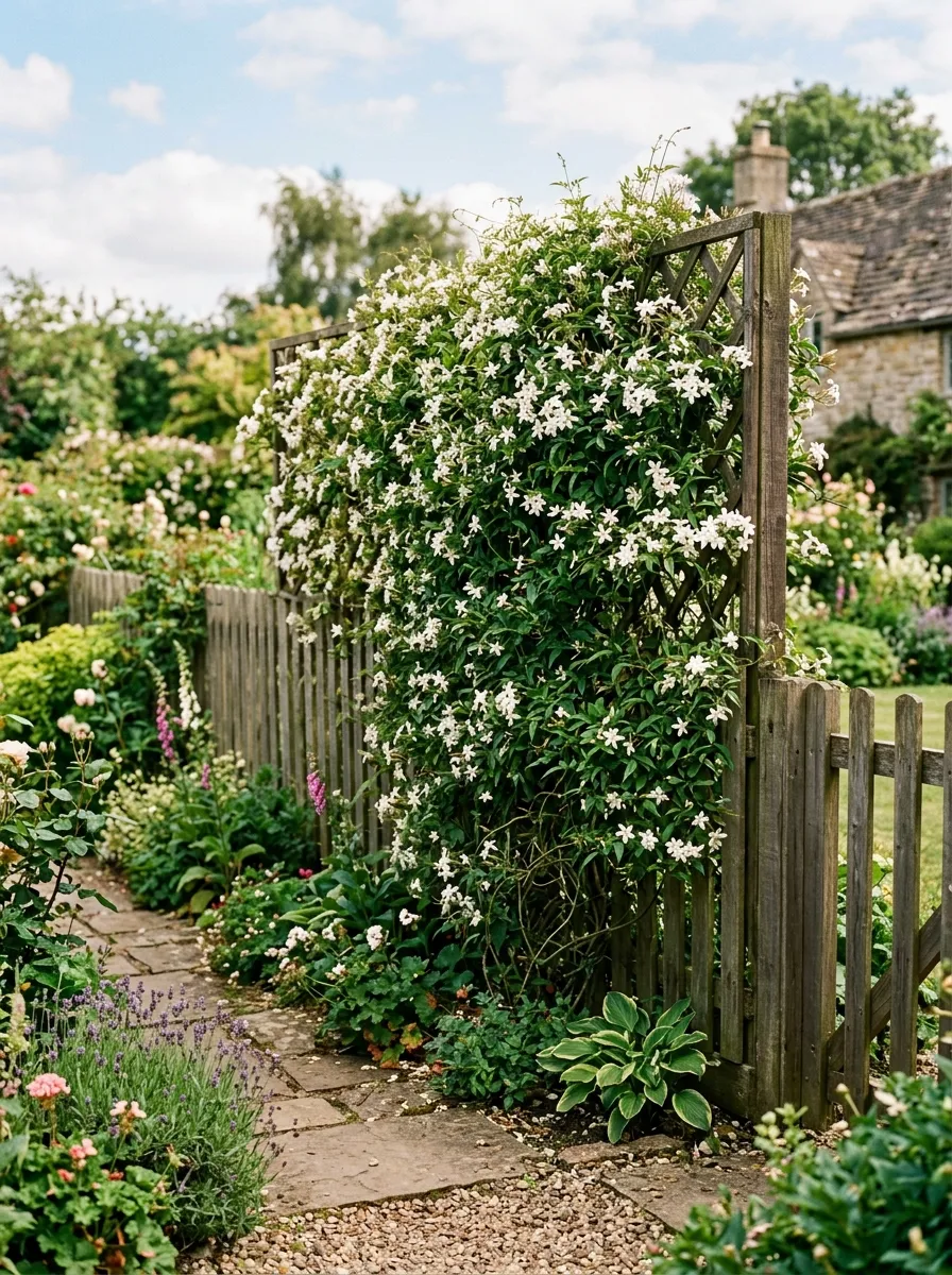How to Design a Backyard Garden That Feels Like a Private Retreat 2 A wooden trellis covered in climbing jasmine vines creating a natural privacy screen along a garden fence.
