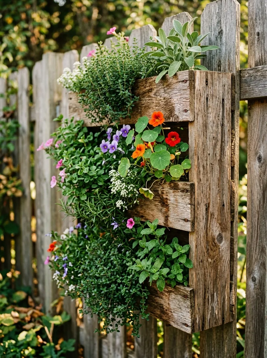 A wooden vertical planter mounted on a fence, filled with trailing herbs
