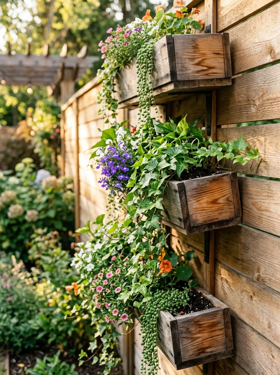 A wooden wall-mounted planter system covered in trailing greenery and small flowering plants