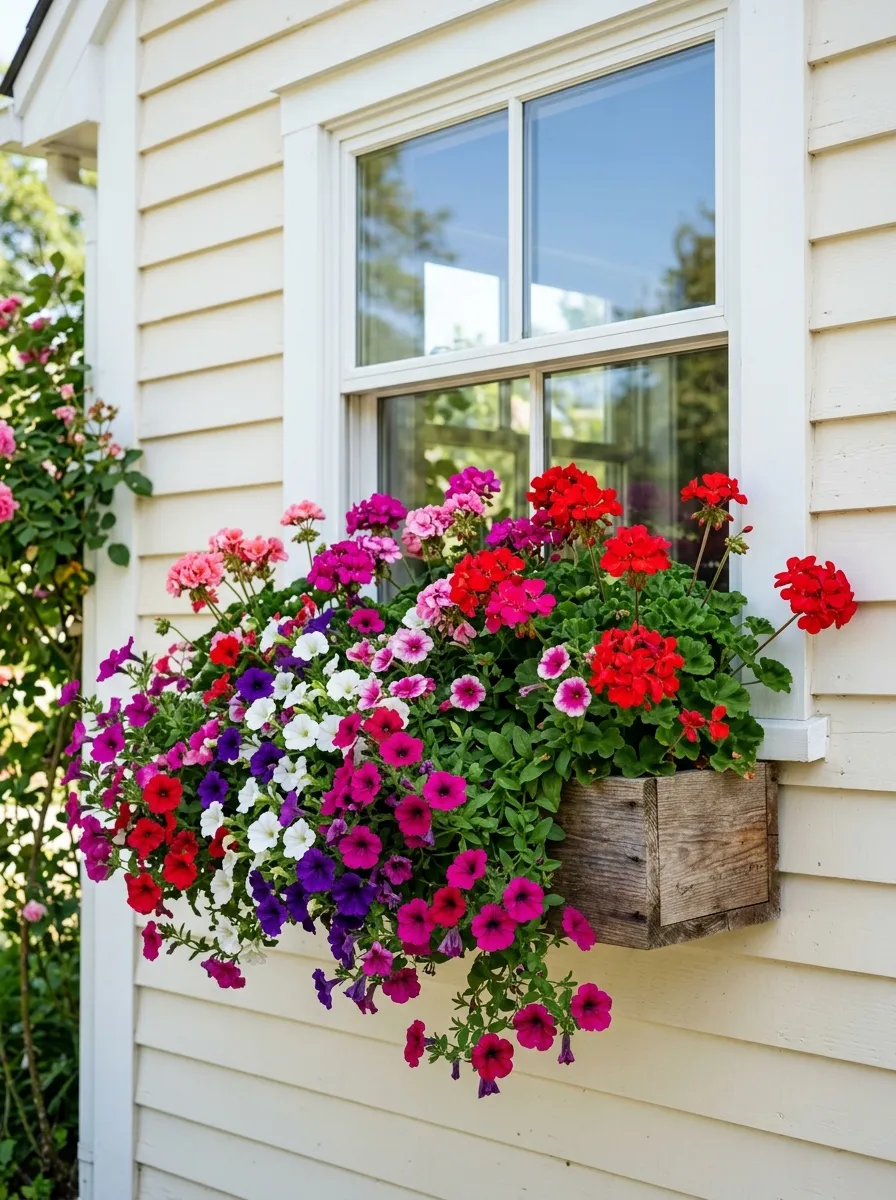 A wooden window box filled with cascading petunias and geraniums