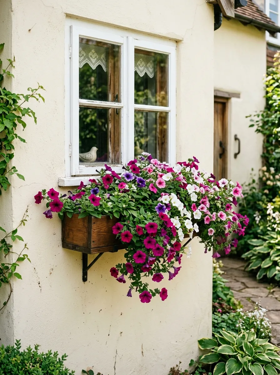 24 Gorgeous Front Yard Garden Ideas That Boost Curb Appeal Instantly 16 A wooden window box filled with cascading petunias beneath a front window