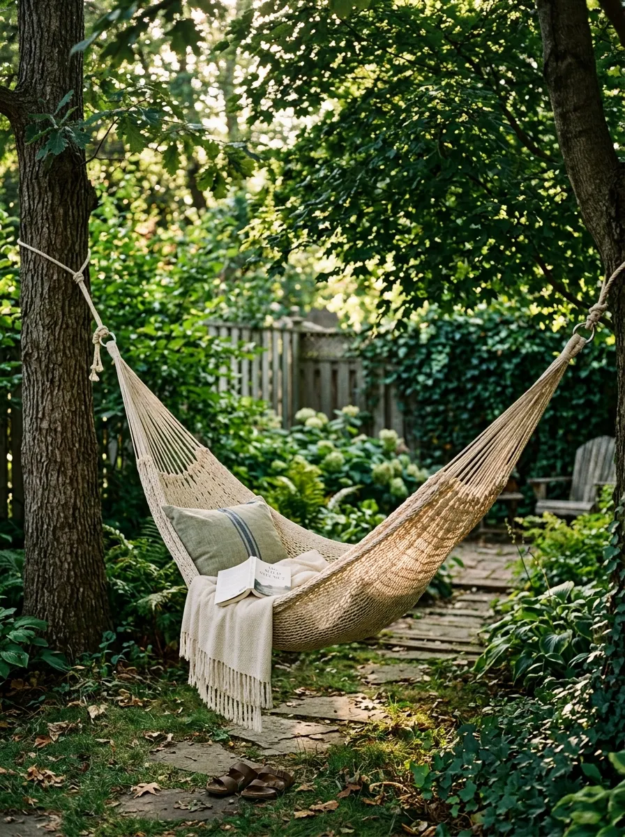 A woven hammock strung between two trees in a shaded backyard corner