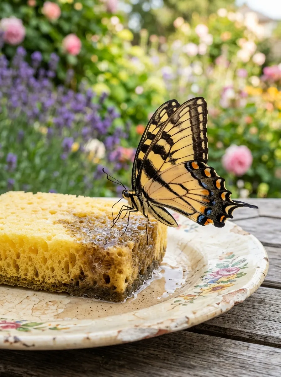 26 Amazing DIY Home Garden Ideas That Anyone Can Create on a Budget 20 A yellow sponge soaked in sugar water sitting on a chipped ceramic plate near blooming flowers