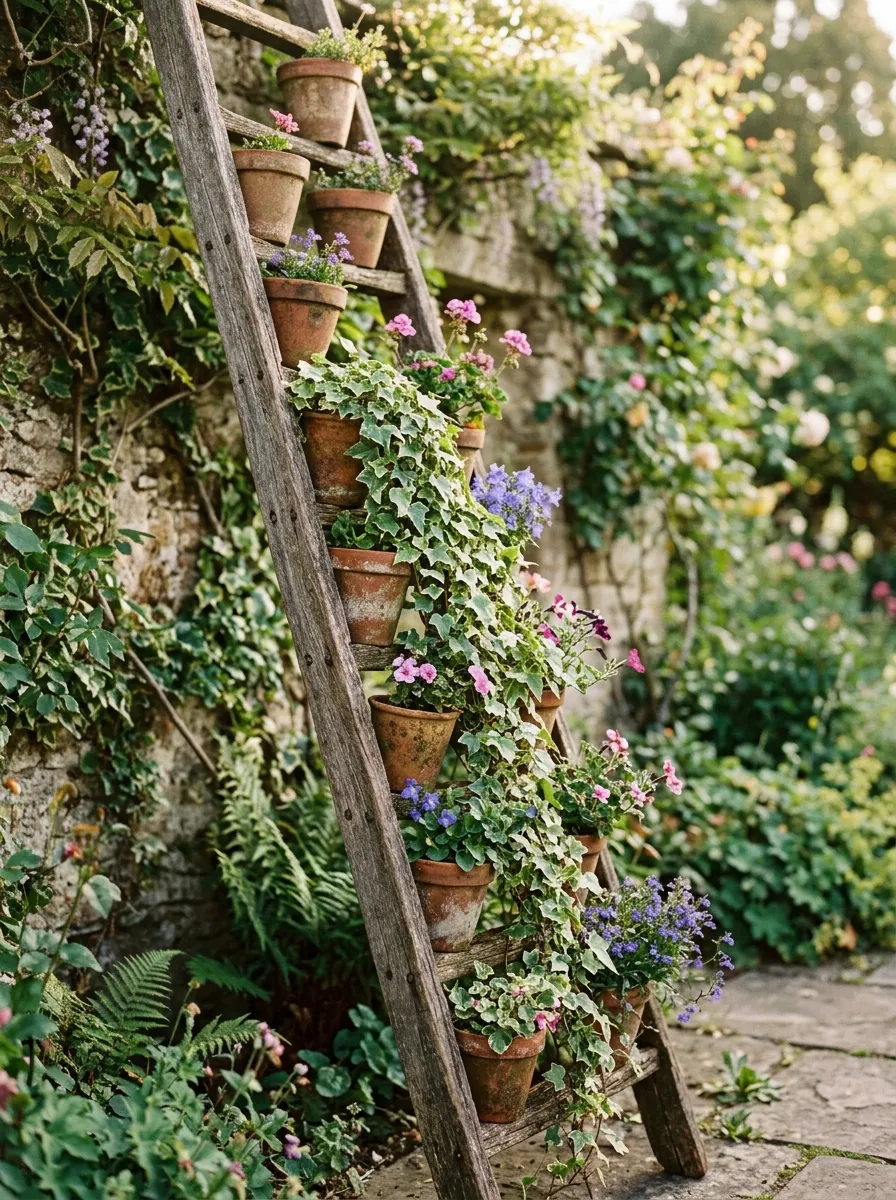 26 Amazing DIY Home Garden Ideas That Anyone Can Create on a Budget 18 An old wooden ladder leaned against a garden wall