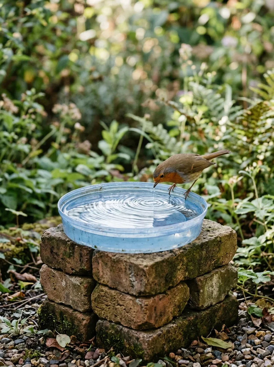 26 Amazing DIY Home Garden Ideas That Anyone Can Create on a Budget 22 An upside-down plastic lid resting on a stack of bricks, filled with shallow water