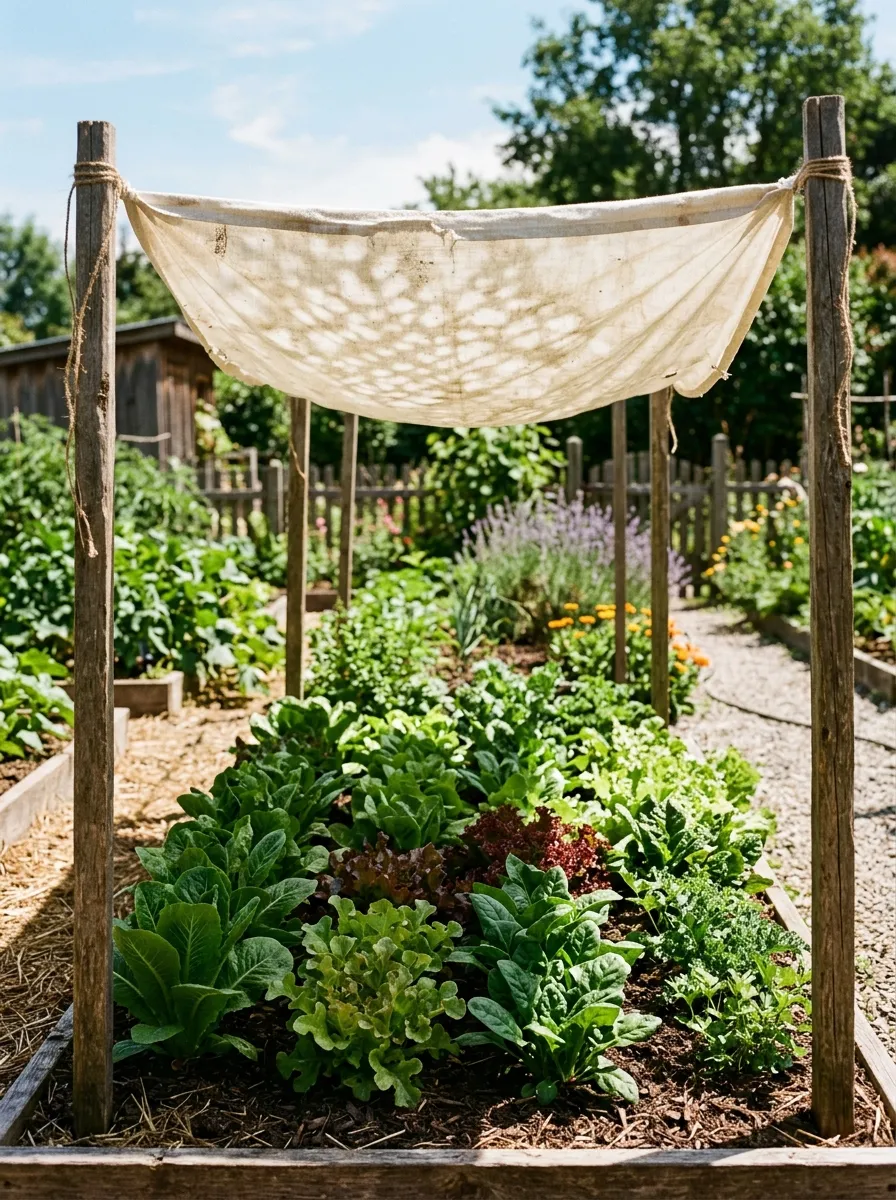 26 Amazing DIY Home Garden Ideas That Anyone Can Create on a Budget 26 A weathered bedsheet stretched between four wooden stakes over a garden bed