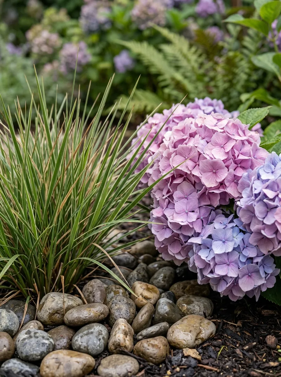 How to Design a Beautiful Home Garden from Scratch 4 Close-up of contrasting garden textures — spiky ornamental grass beside soft rounded hydrangea blooms and smooth river stones.