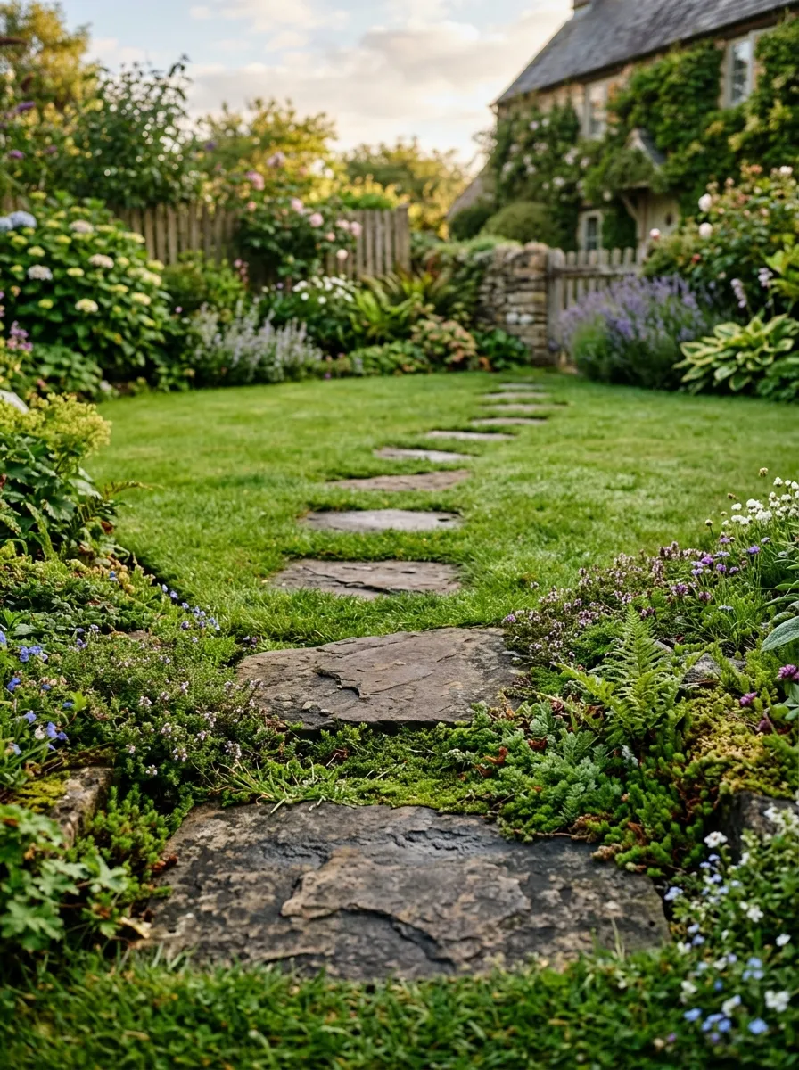 Flat natural stone stepping stones set into a small lawn