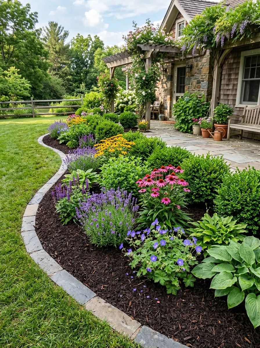Freshly spread dark mulch surrounding green shrubs and flowers in a neat, well-defined garden bed.