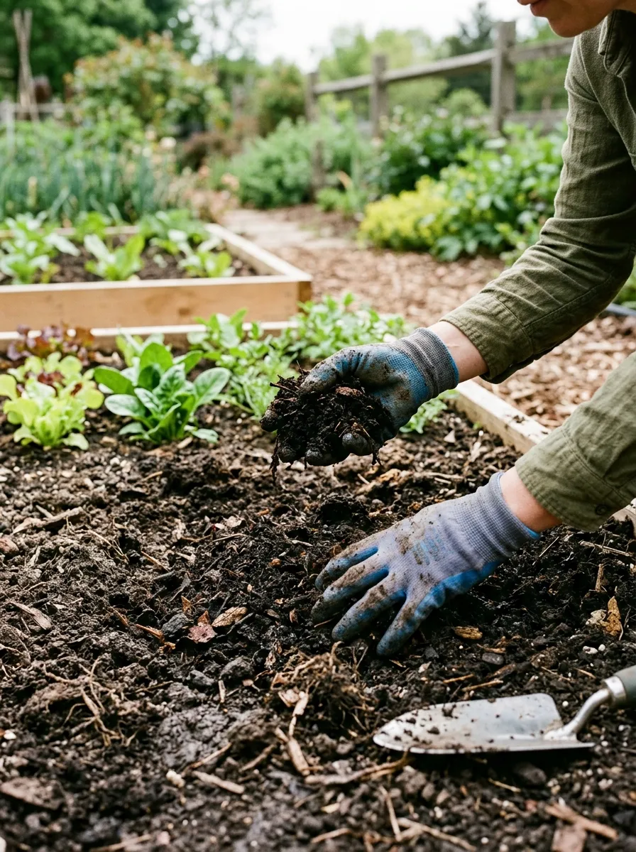 Hands in gardening gloves mixing dark rich compost into freshly tilled soil, ready for planting.