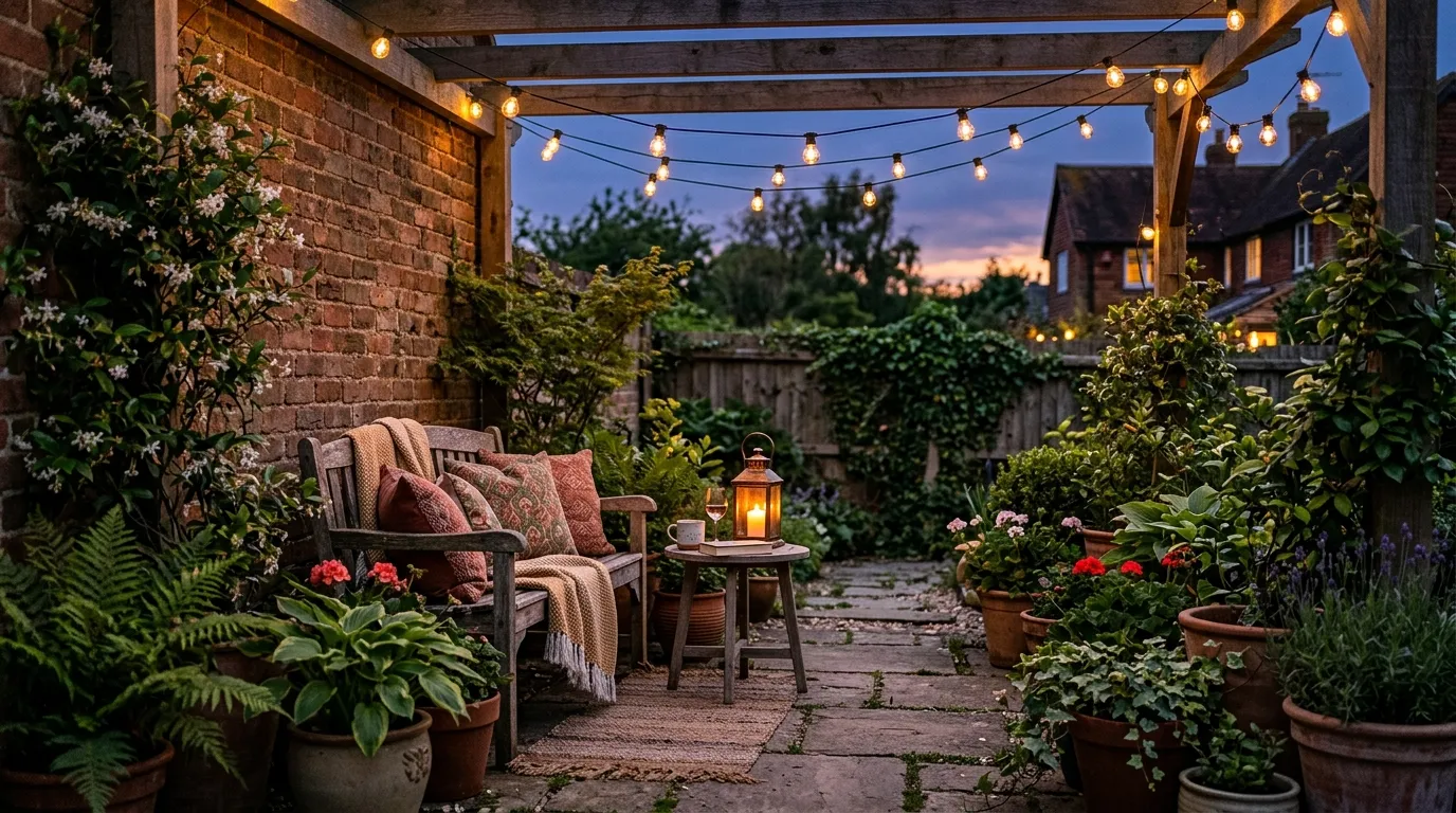 A cozy backyard patio at dusk with string lights overhead