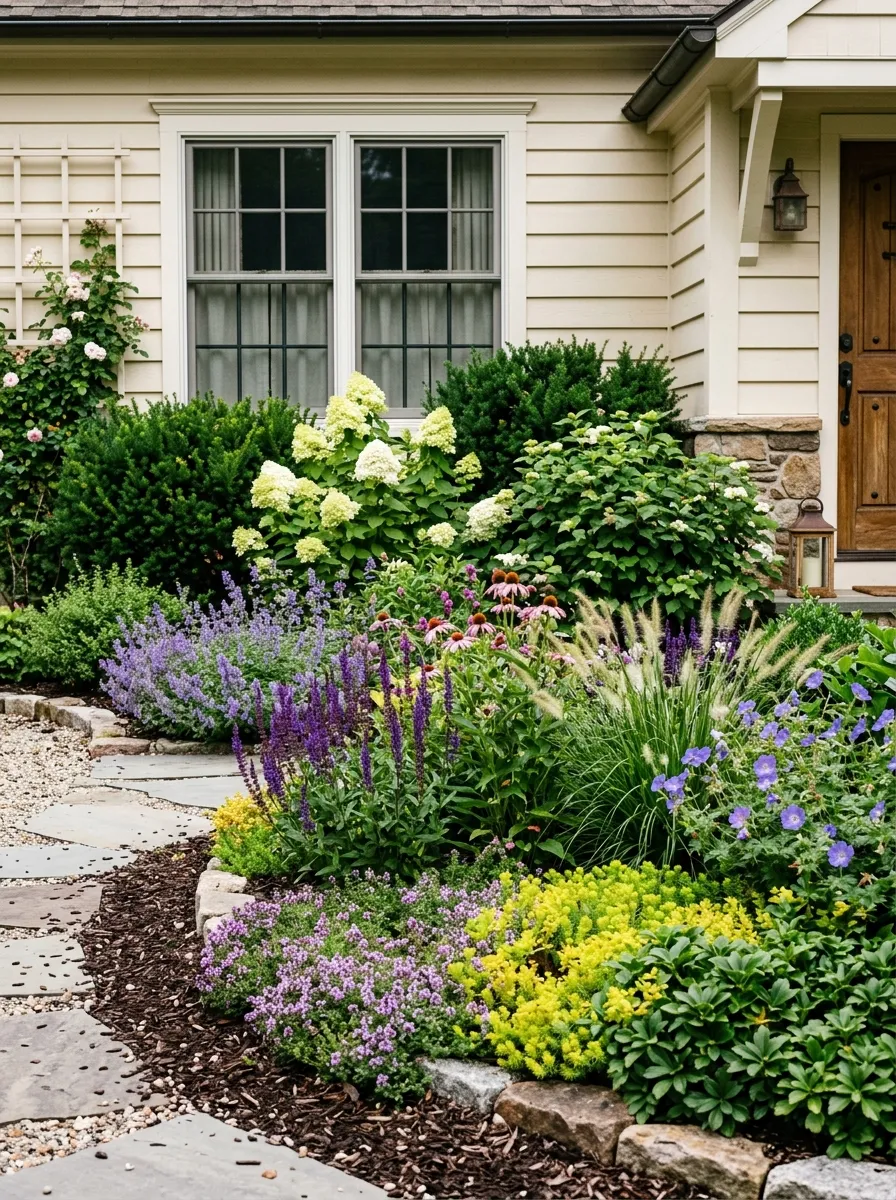 24 Gorgeous Front Yard Garden Ideas That Boost Curb Appeal Instantly 5 Layer Shrubs by Height Along the Foundation