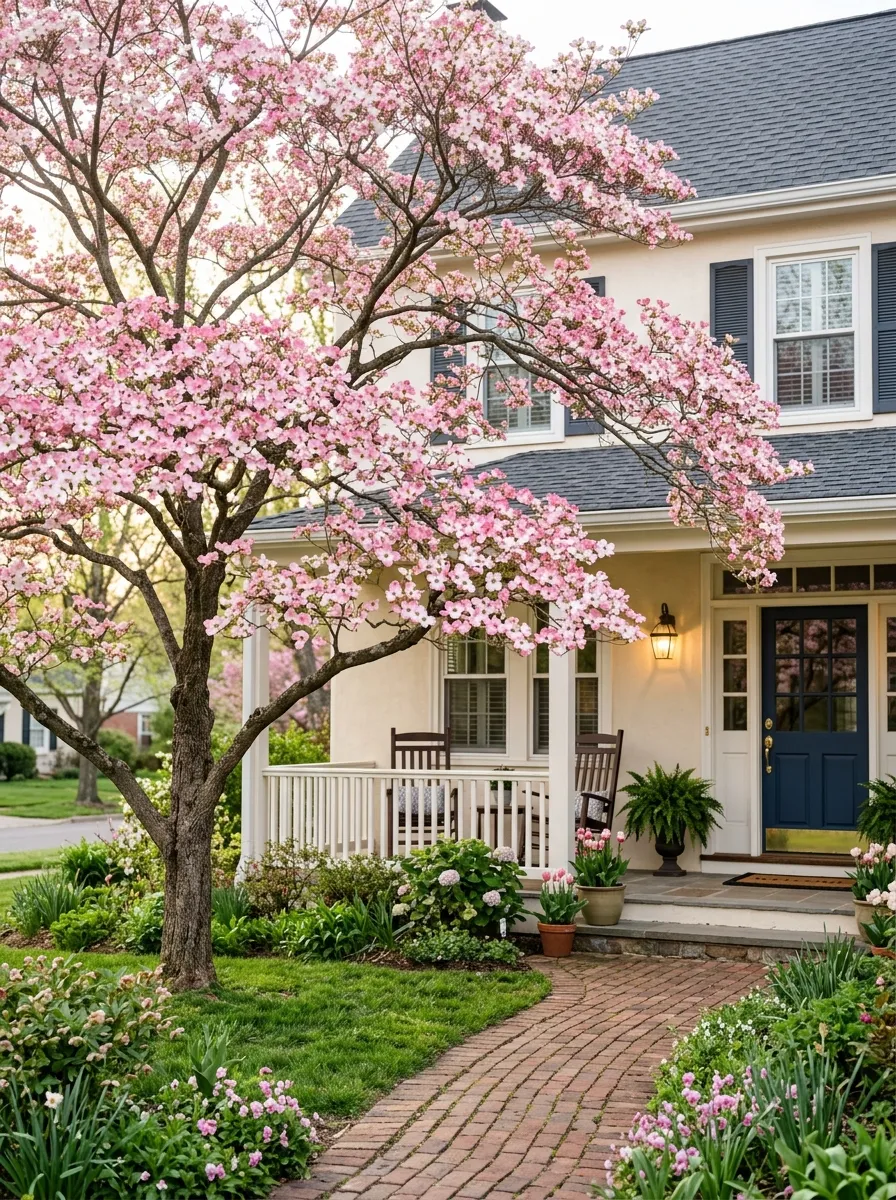 24 Gorgeous Front Yard Garden Ideas That Boost Curb Appeal Instantly 2 Plant a Flowering Tree Near the Entrance