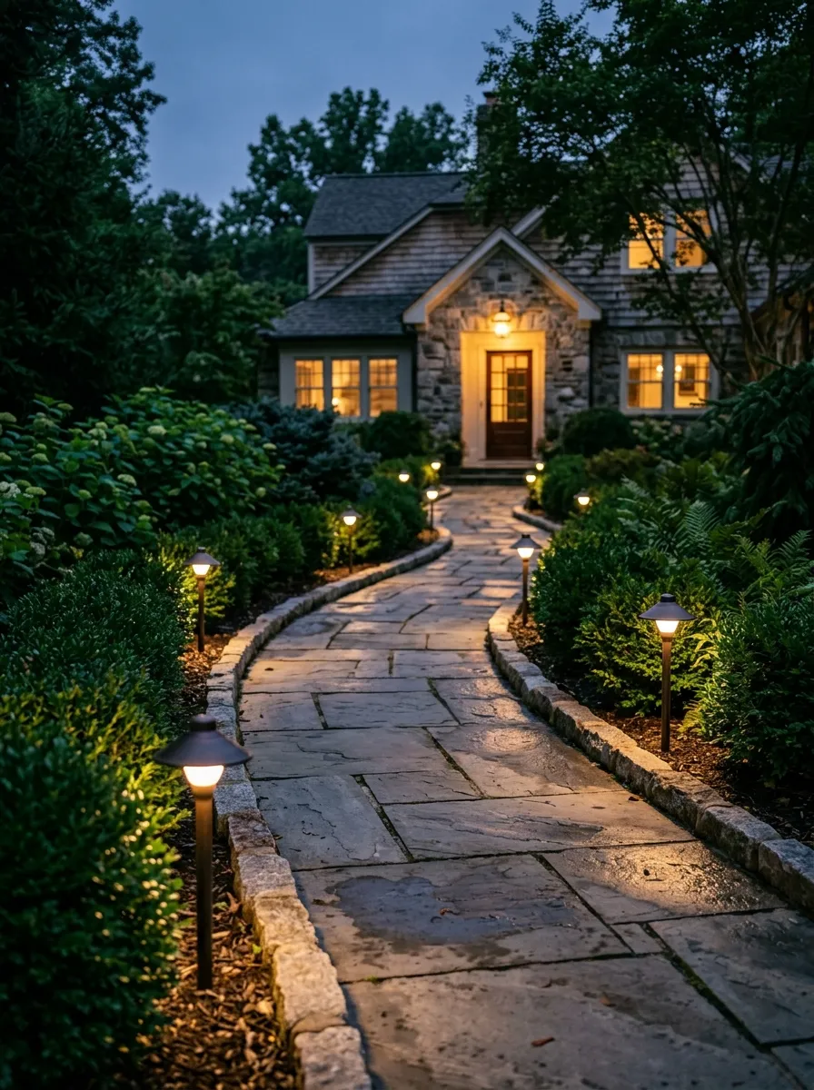 24 Gorgeous Front Yard Garden Ideas That Boost Curb Appeal Instantly 11 Small low-voltage lights glowing along a front walkway at dusk