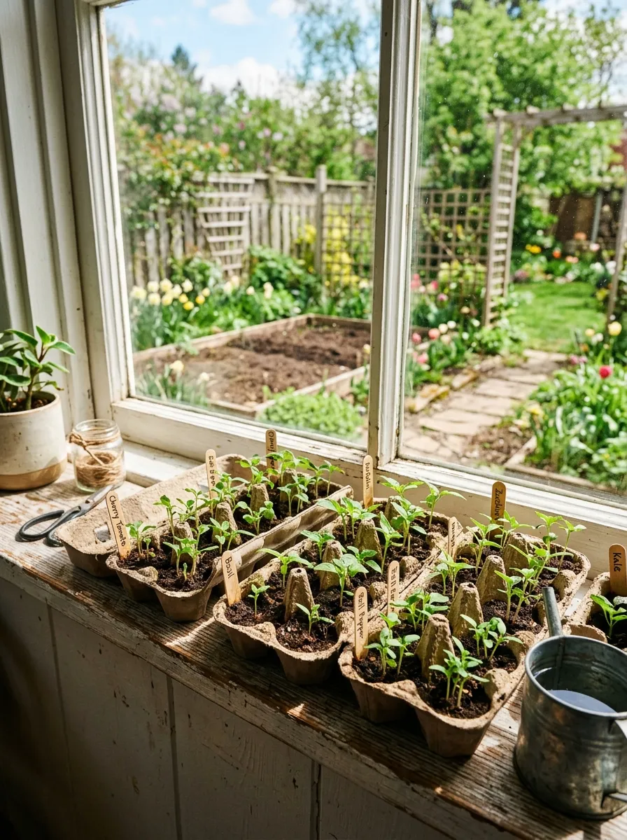 Small seedlings sprouting in recycled egg cartons on a sunny windowsill