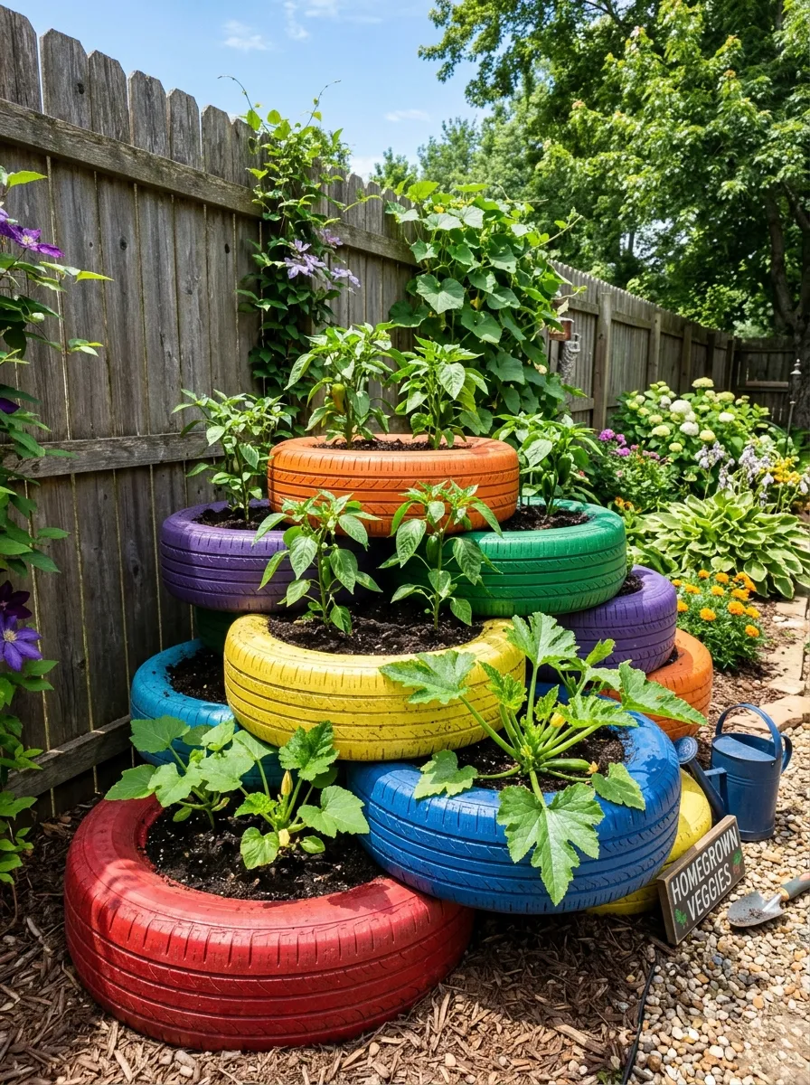 26 Amazing DIY Home Garden Ideas That Anyone Can Create on a Budget 21 Stacked painted tires filled with dark soil, planted with pepper and squash seedlings
