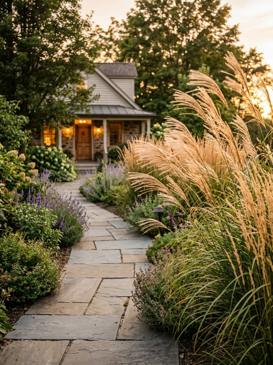 24 Gorgeous Front Yard Garden Ideas That Boost Curb Appeal Instantly 24 Tall ornamental grasses swaying near a front walkway