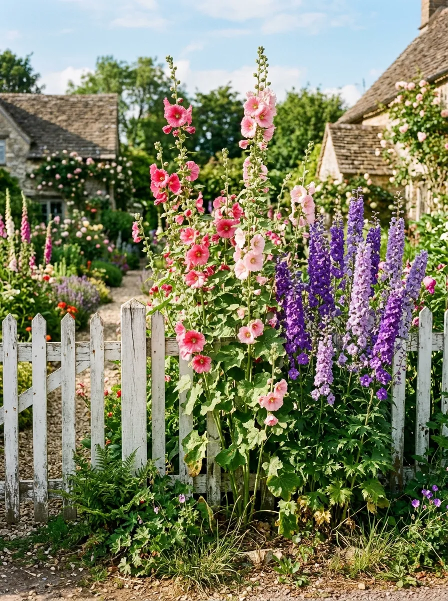 How to Design a Charming Cottage Garden Full of Color and Character 3 Tall pink hollyhocks and purple delphiniums growing against a rustic white picket fence in a sunlit garden.