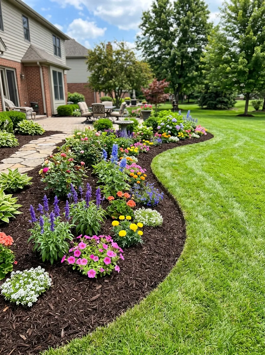 a bright green lawn and colorful seasonal flowers