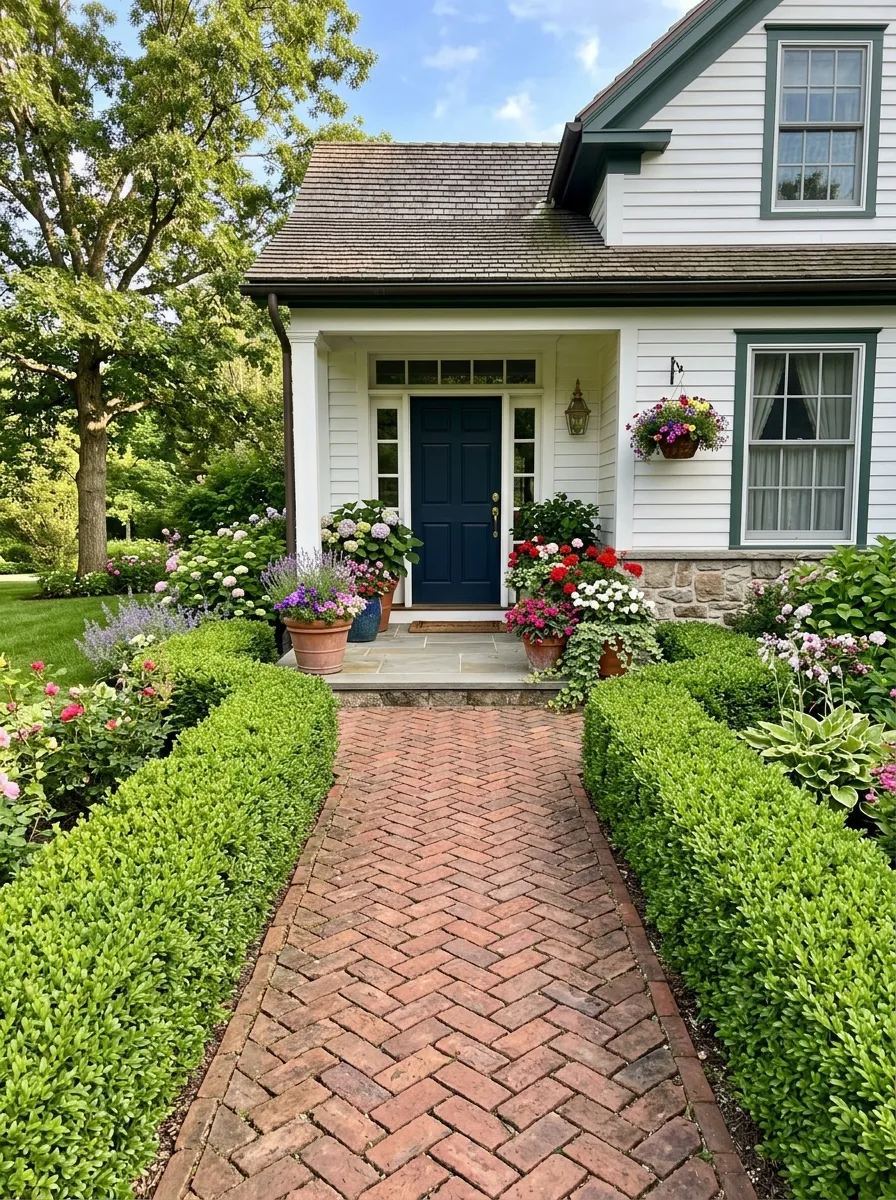 a front door surrounded by potted flowers.