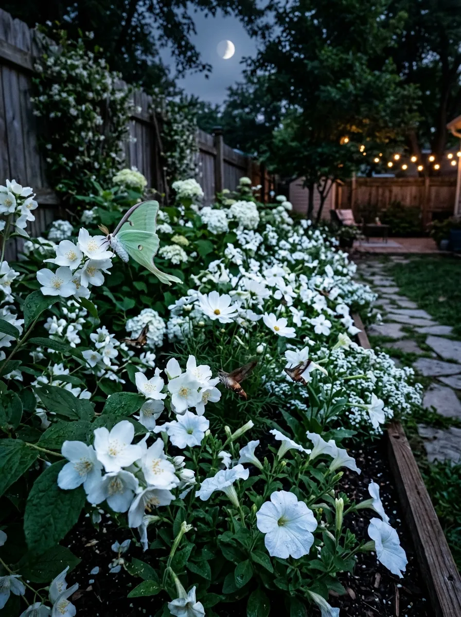 A backyard garden bed filled with white blooming flowers glowing softly under moonlight