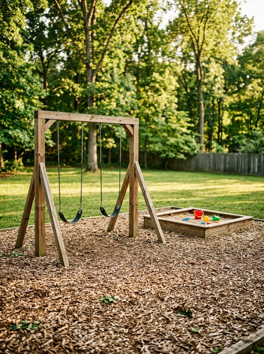 A backyard play area covered in soft wood mulch, featuring a simple wooden swing
