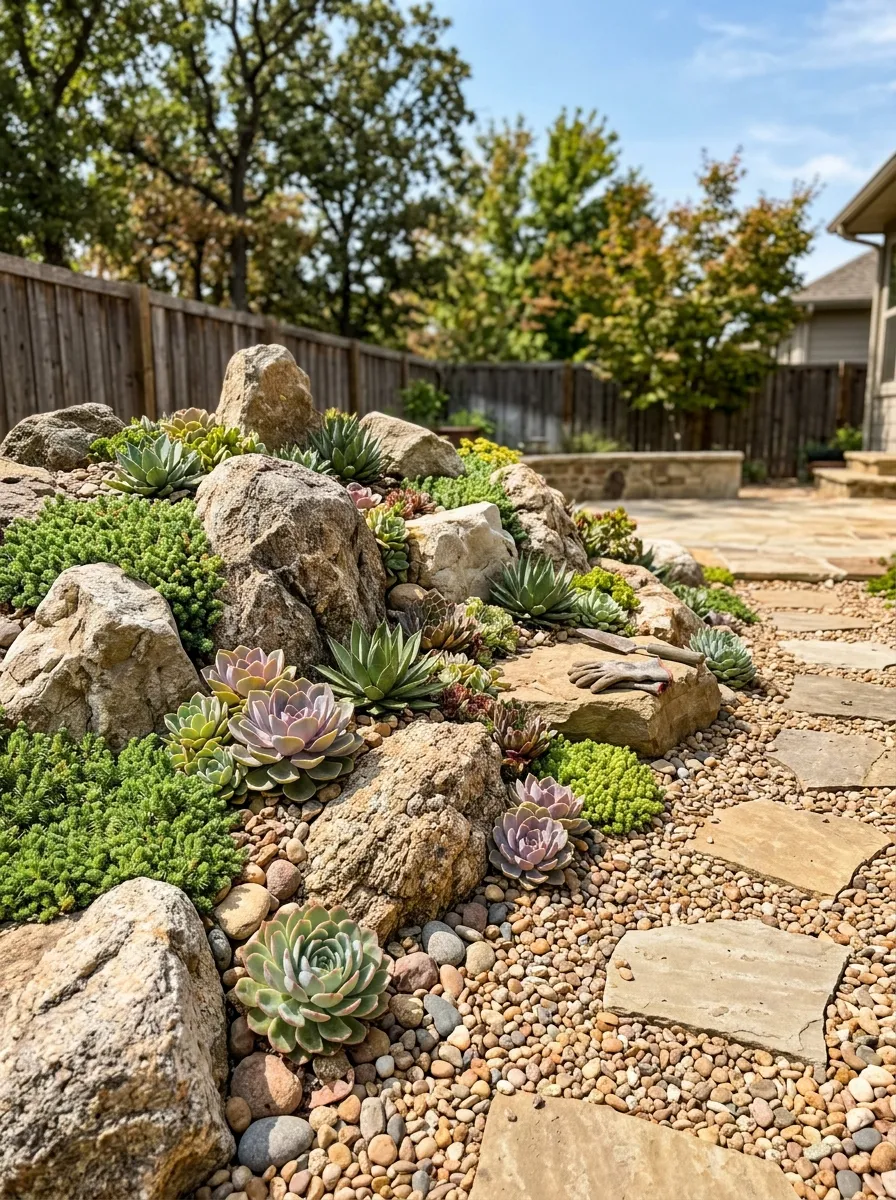 A backyard rock garden featuring large boulders and gravel