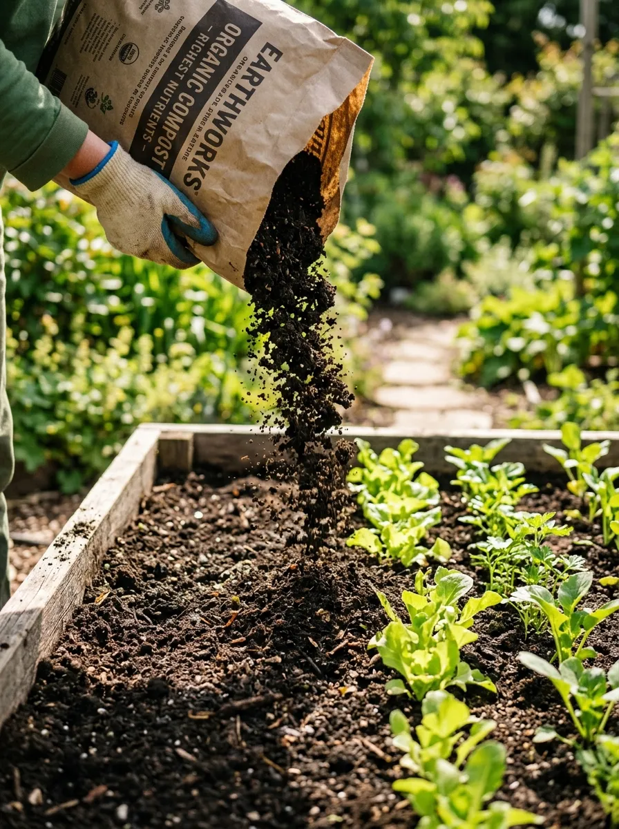 22 Easy Beginner Garden Ideas That Make Growing Plants Simple 18 A bag of dark compost being poured into a garden bed